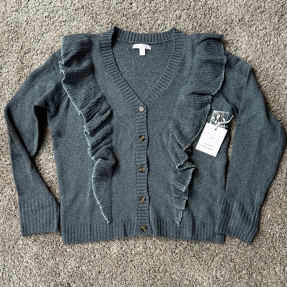 LC Lauren Conrad Blue Ruffled Cardigan NWT